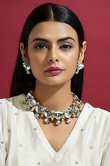 Black Rhodium Finish Kundan Polki Choker Necklace Set