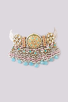 Gold Finish Blue Agate & Semi-Precious Stone Meenakari Choker Necklace