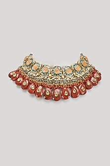 Gold Finish Brown Kundan Polki & Natural Stone Meenakari Necklace