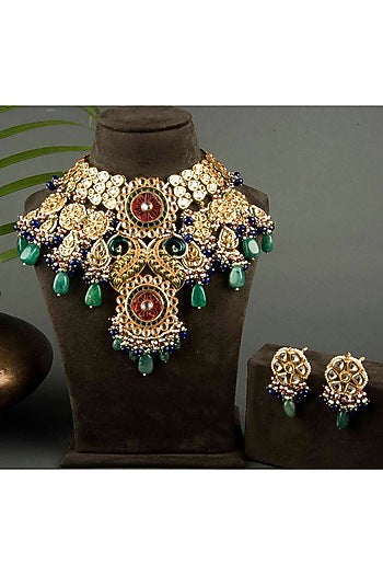 Gold Finish Carved Ruby Choker Necklace Set