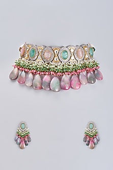 Gold Finish Agate & Kundan Polki Victorian Choker Necklace Set