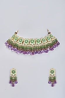 Gold Finish Amethyst & Natural Stone Choker Necklace Set