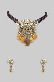 Gold Finish Purple Agate Stone & Pearl Meenakari Choker Necklace Set