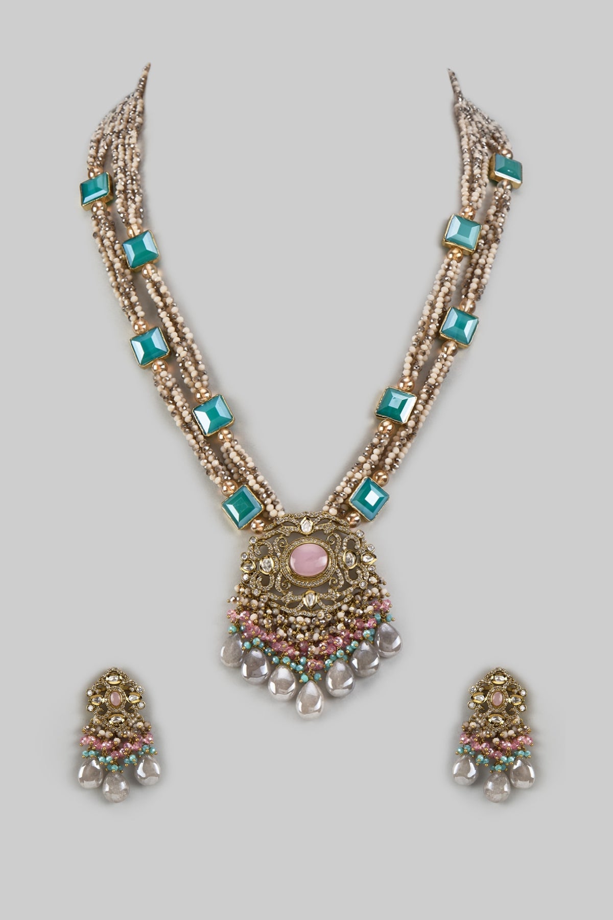 Two Tone Finish Agate Stone & Kundan Polki Mala Necklace Set
