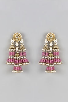Gold Finish Pink Agate Stone & Beaded Meenakari Dangler Earrings