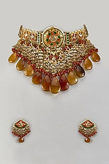Gold Finish Orange Agate Stone & Pearl Meenakari Choker Necklace Set