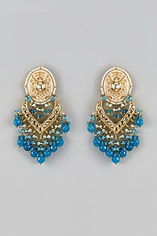 Gold Finish Blue Agate Stone & Pearl Meenakari Dangler Earrings