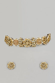Gold Finish White Agate Stone & Pearl Meenakari Choker Necklace Set