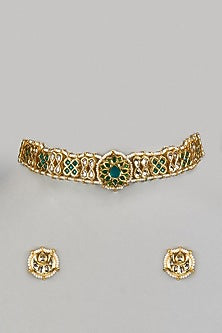 Gold Finish Green Kundan Polki & Pearl Meenakari Choker Necklace Set