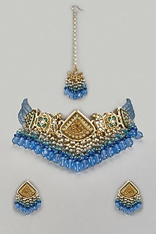 Gold Finish Blue Agate Stone & Pearl Meenakari Choker Necklace Set