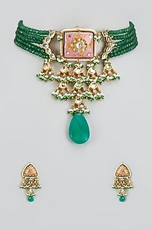 Gold Finish Natural Green Stone Meenakari Choker Necklace Set