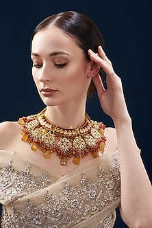 Gold Finish Kundan Polki & Jasper Stone Enamelled Choker Necklace