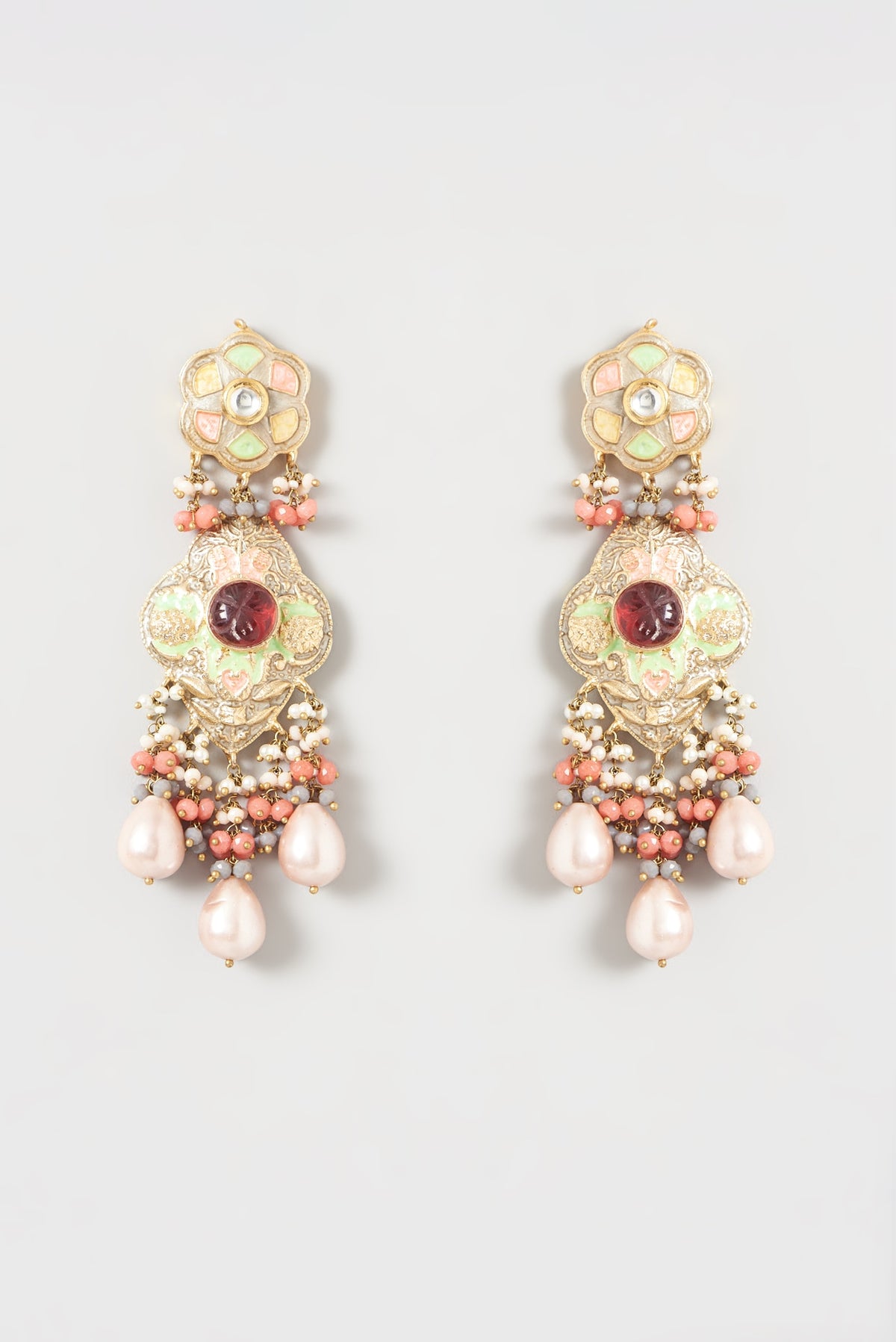 Gold Finish Kundan Polki & Baroque Pearl Meenakari Chandelier Earrings