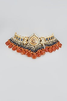 Gold Finish Natural Orange Stone & Agate Meenakari Choker Necklace