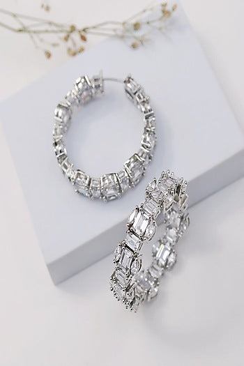 Gold Finish Baguette-Shaped Zircon Hoop Earrings