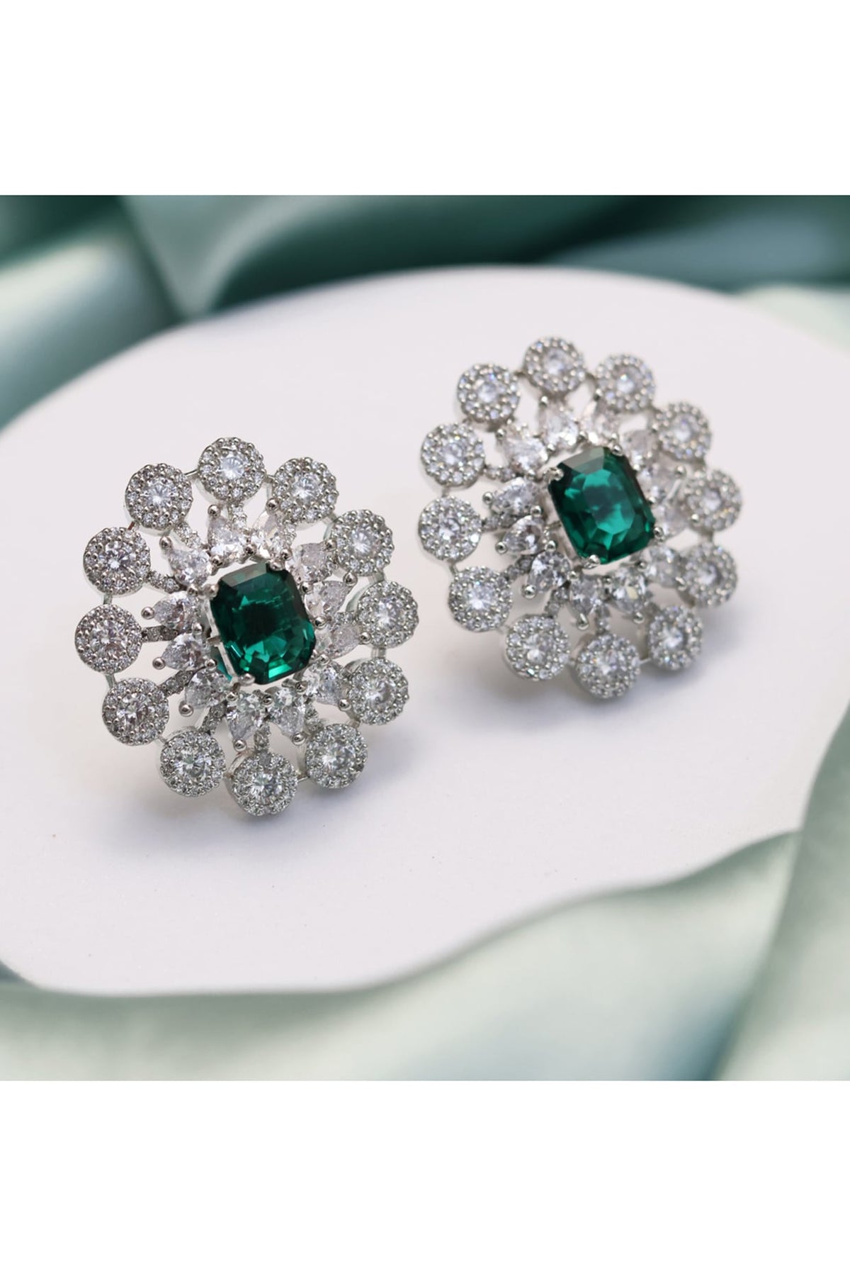 Silver Finish Green Stone Stud Earrings