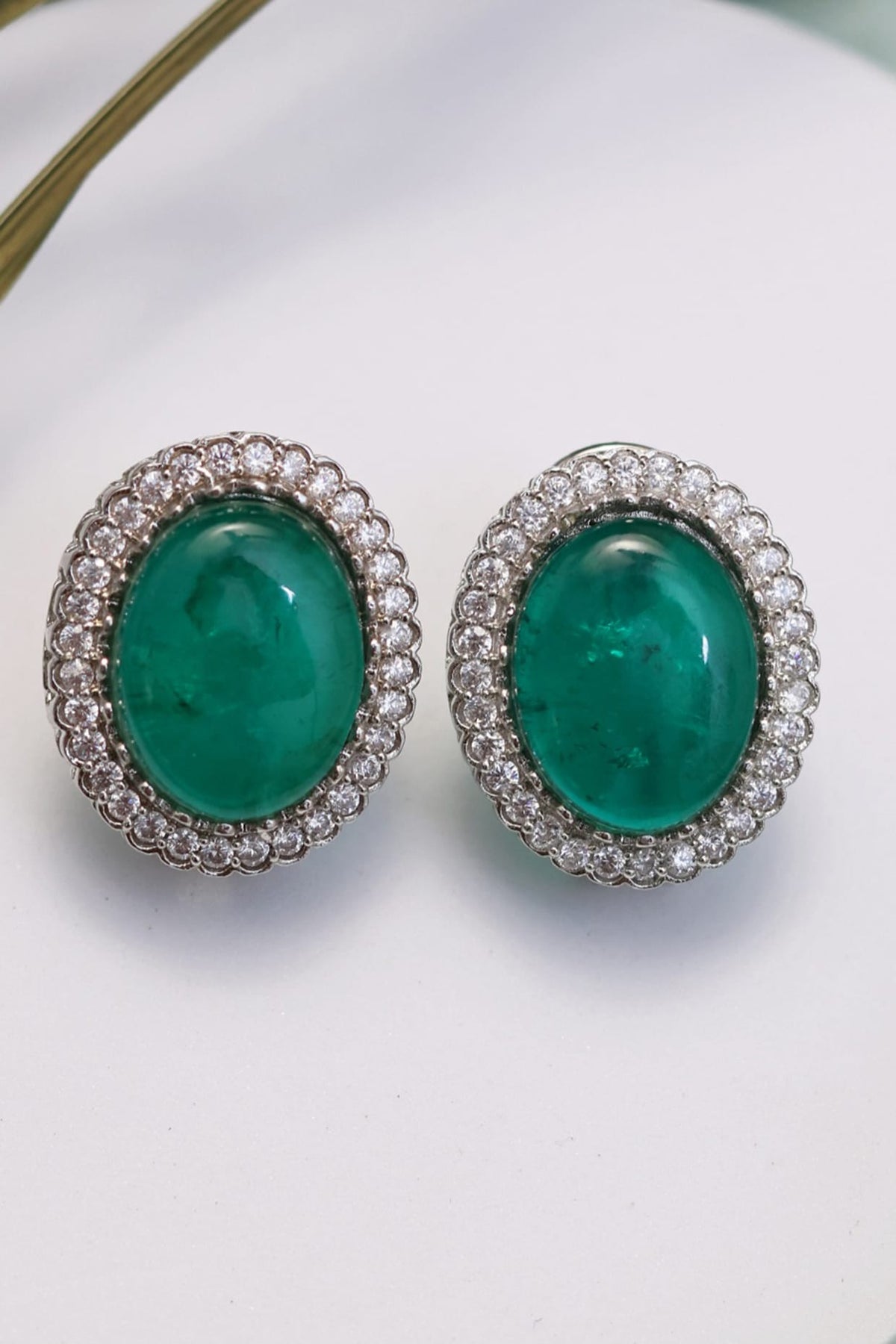 Silver Finish Emerald Stone Stud Earrings