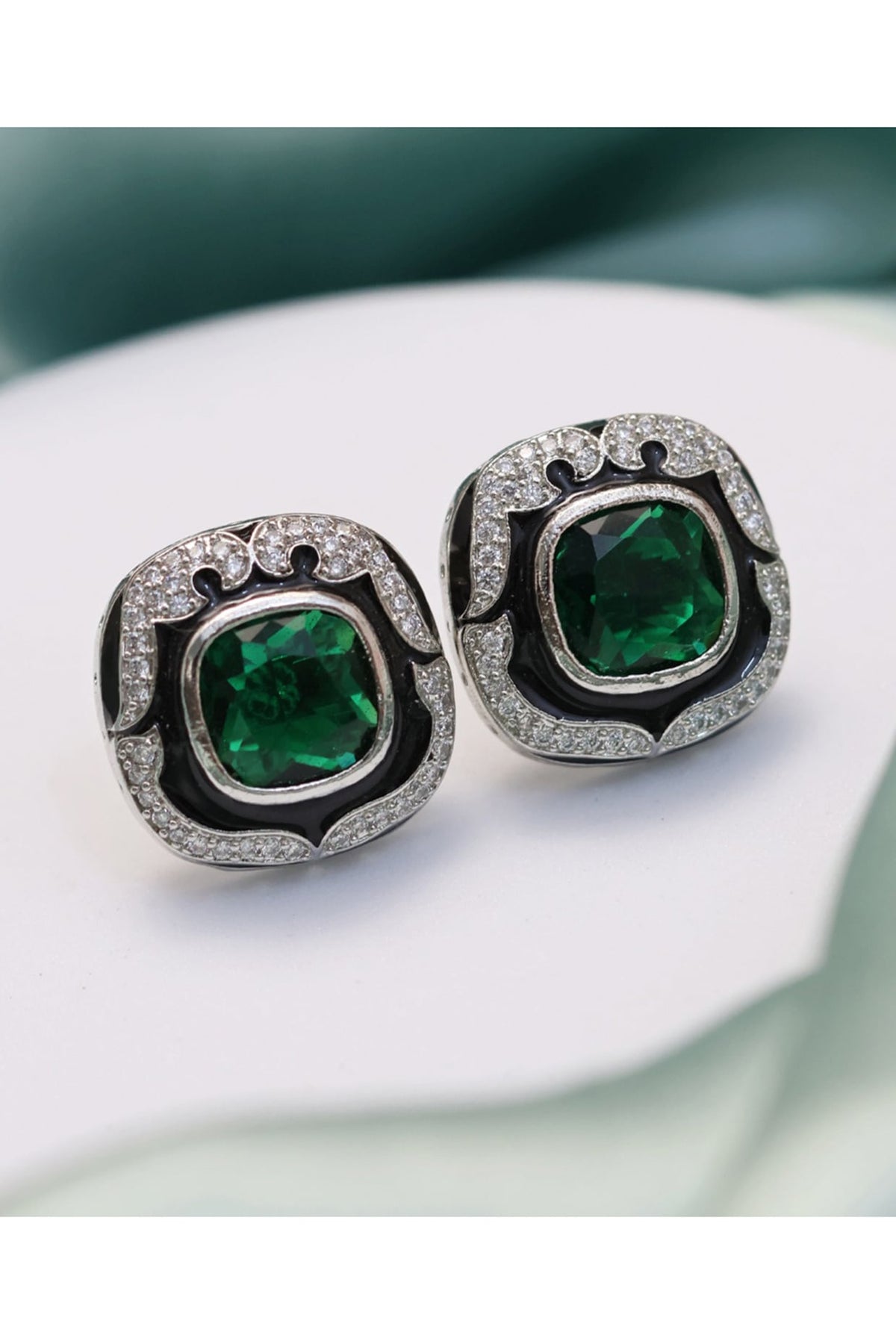 Silver Finish Green Stone Black Enameled Stud Earrings