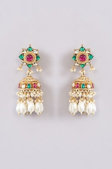 Gold Finish Kundan Polki & Pearl Beaded Long Necklace Set