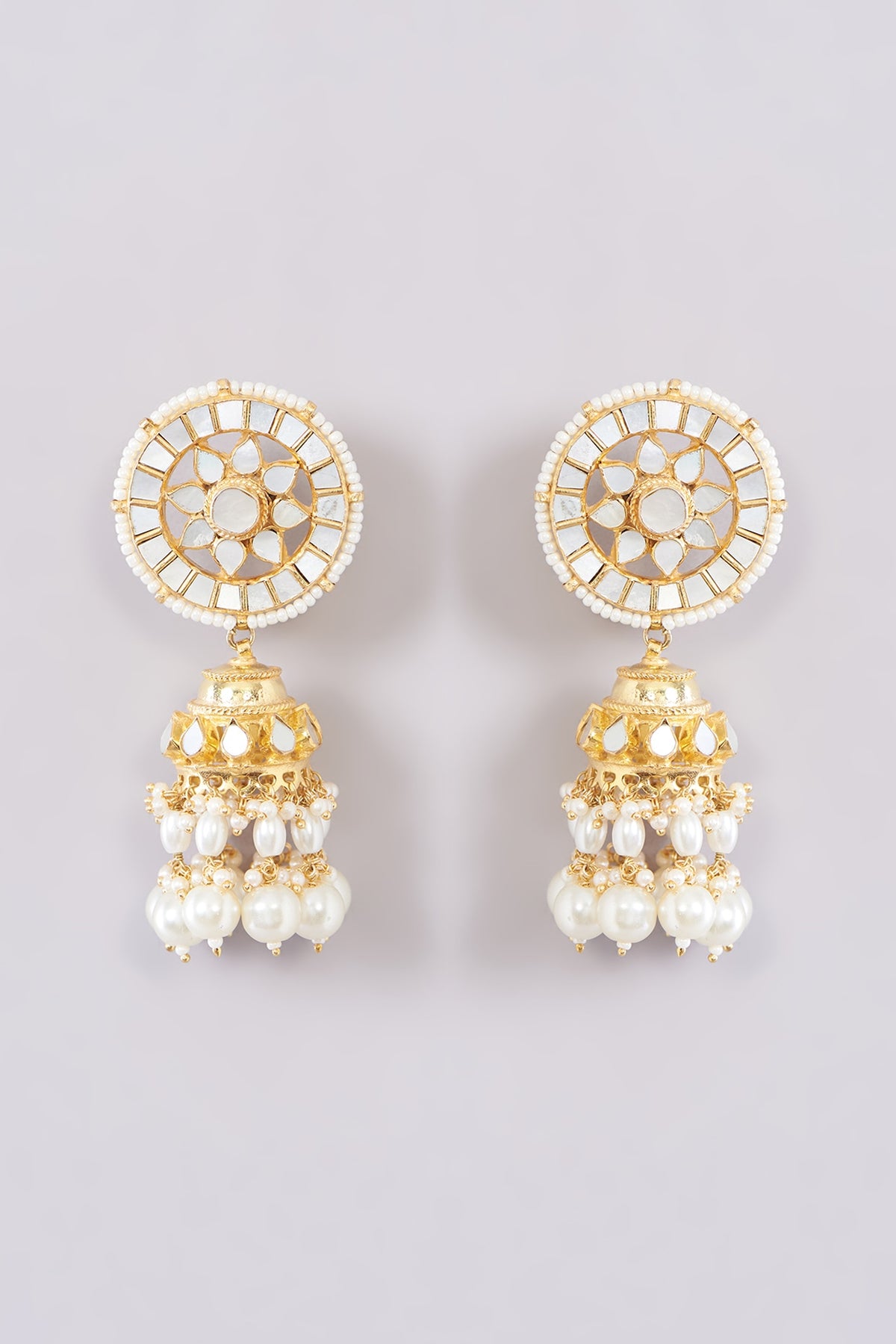 Gold Finish Kundan Polki & Pearl Beaded Jhumka Earrings