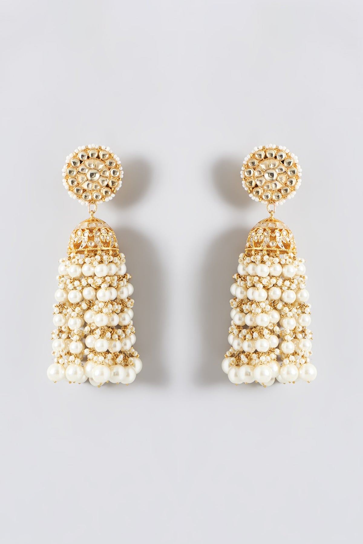 Gold Finish Kundan Polki & Pearl Beaded Jhumka Earrings