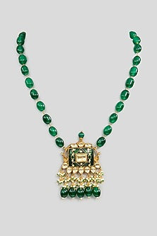 Gold Finish Kundan Polki Green Enameled Pendant Nath