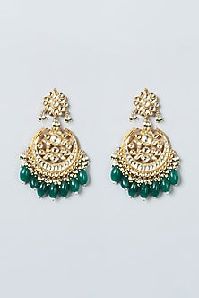 Gold Finish Green Beaded Maang Tikka & Earrings