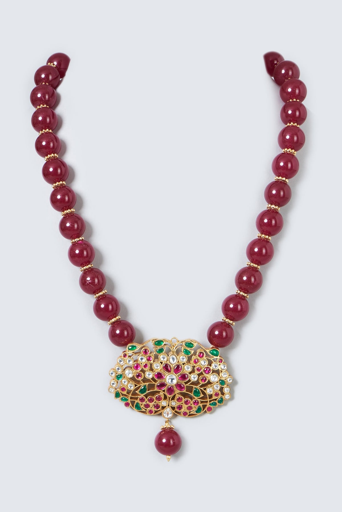 Gold Finish Red Beads & Kundan Polki Necklace