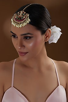 Gold Finish Kundan Polki & Pearl Beaded Maangtikka