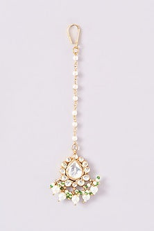 Gold Finish Kundan Polki & Green Beaded Maangtikka