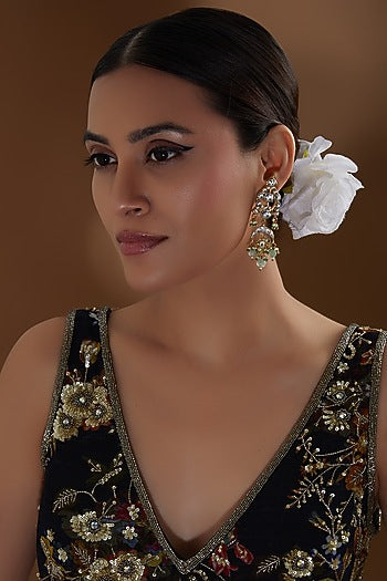 Gold Finish Kundan Polki & Green Beaded Dangler Earrings