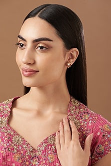 Gold Finish Kundan Polki Stud Earrings In Sterling Silver