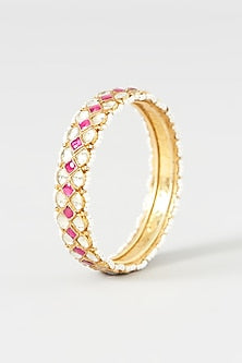 Gold Finish Kundan Polki & Moti Pirai Bangles (Set Of 2)