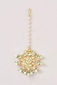 Gold Finish Kundan Polki & Green Beaded Maangtikka
