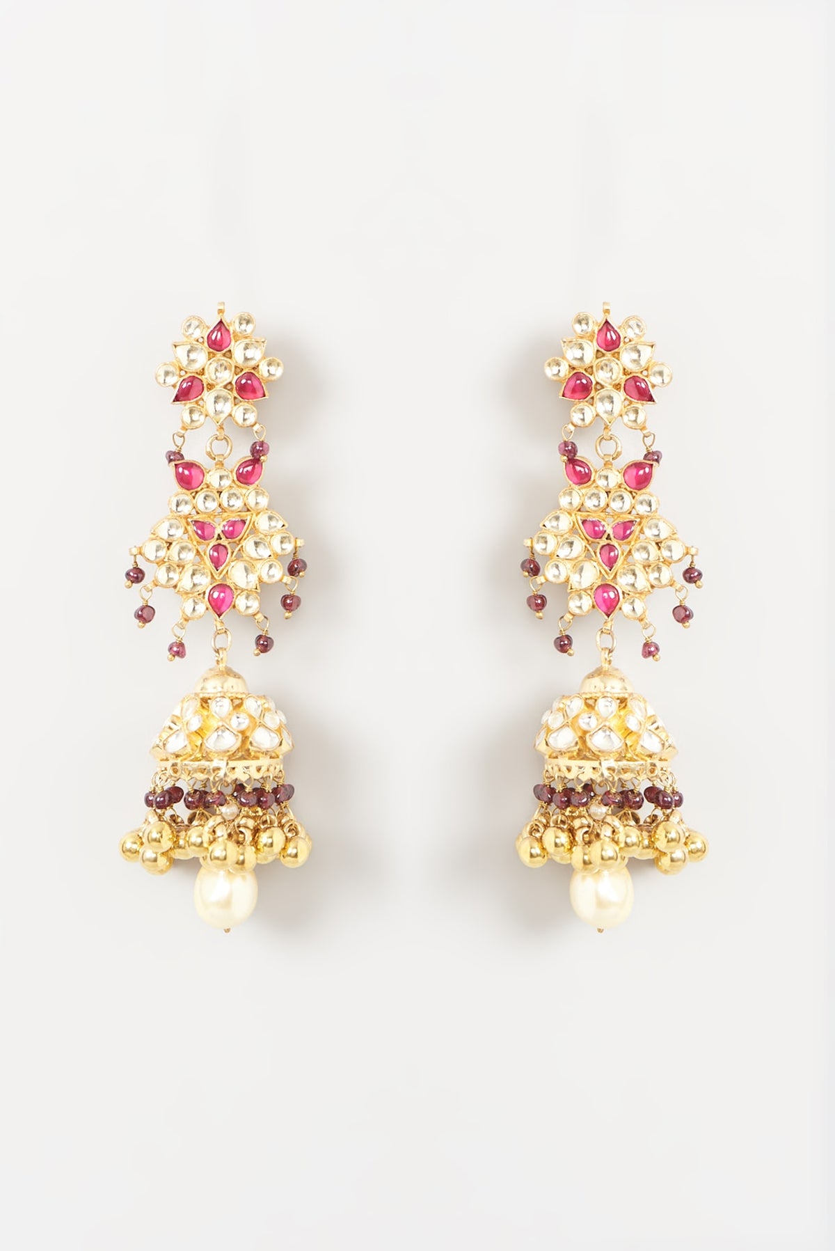 Gold Finish Red Beaded Jhumka Earrings