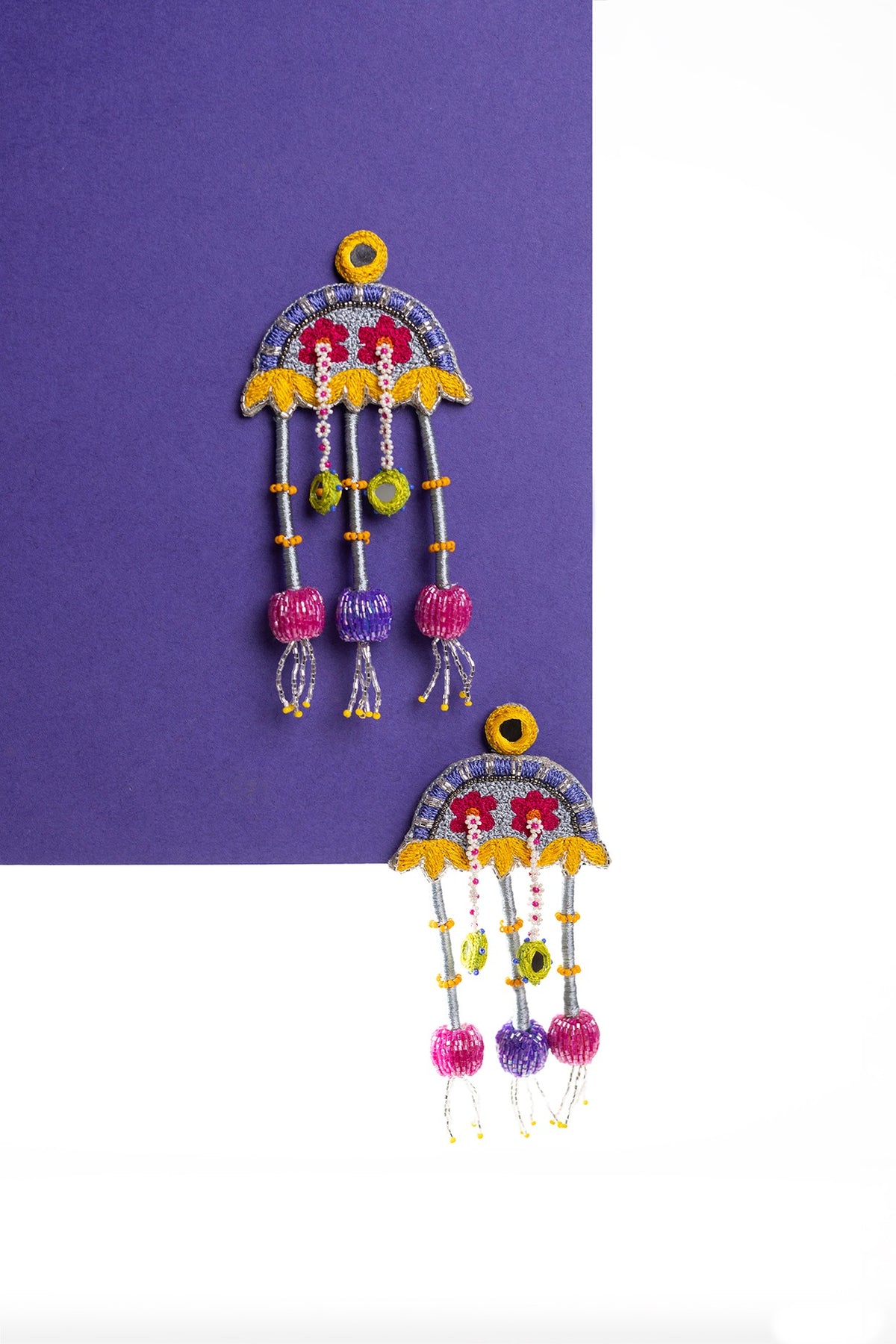 Grey Hand Embroidered Dangler Earrings