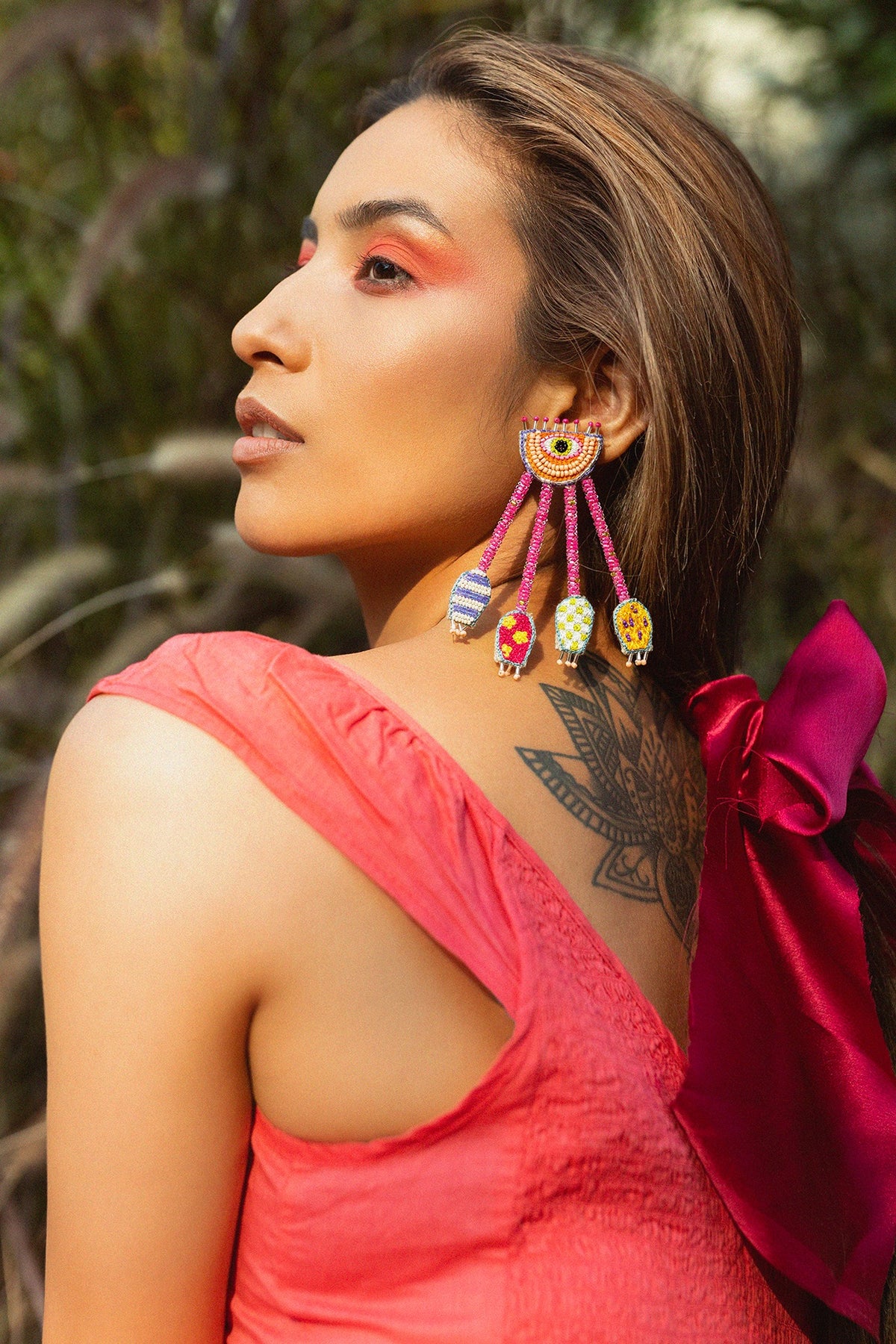 Pink Hand Embroidered Dangler Earrings
