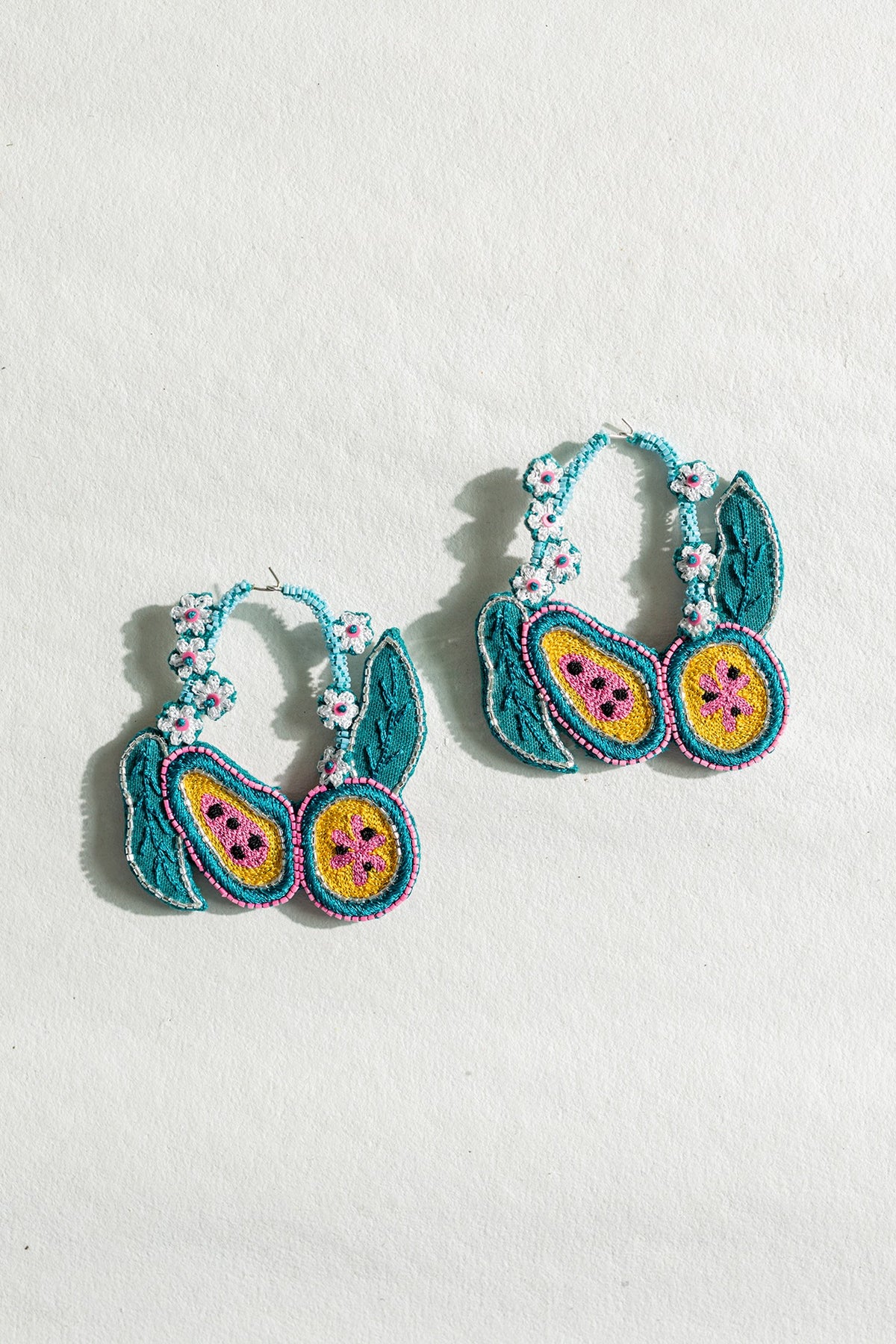 Green Floral Motif Hand Embroidered Hoop Earrings