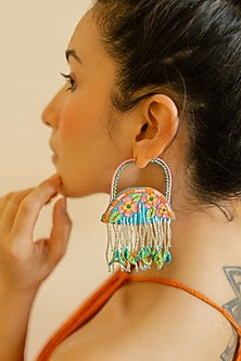 Green Floral Motif & Bead Hand Embroidered Hoop Earrings