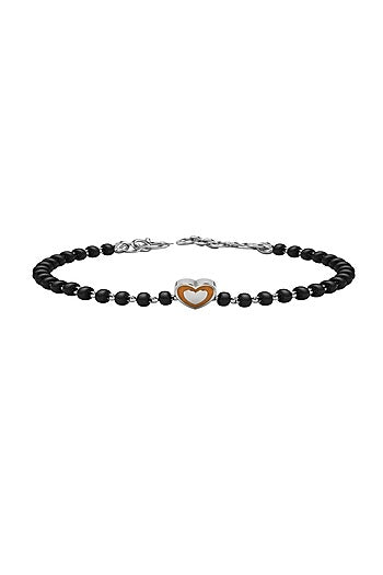 White Finish Beaded Bracelet With Orange Enamelled Heart In Sterling Silver