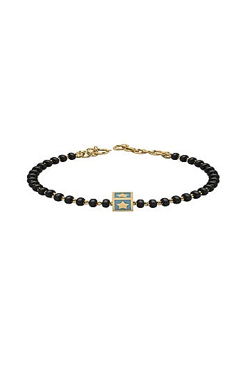 Rose Gold Plated Beaded Bracelet With Blue Square In Sterling Silver