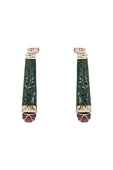 14kt Two-Tone Finish Carved Green Stone & Diamond Dangler Earrings