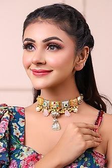 Two Tone Finish Pachi Kundan & Pearl Choker Necklace