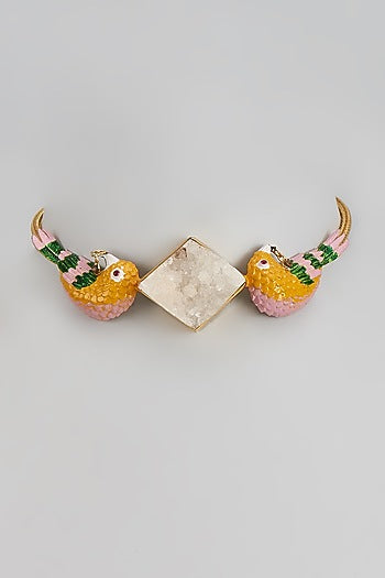 Gold Finish Enameled Pink Bird Choker Necklace