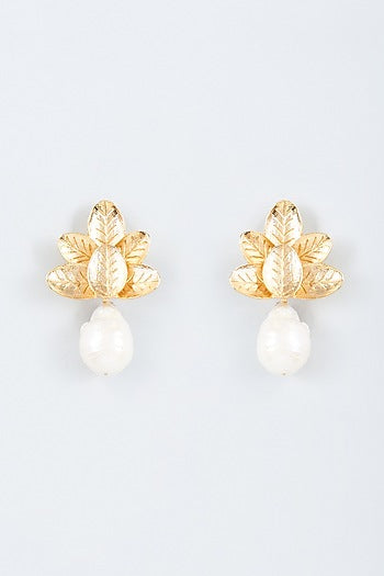 Gold Finish Pearl Leave Stud Earrings