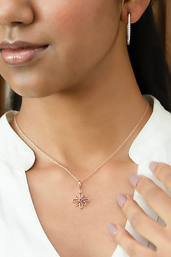 Rose Gold Plated Diamond & Ruby Stone Pendant Necklace In Sterling Silver