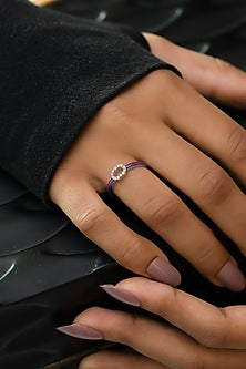 Anti-Tarnish White Finish Diamond Enameled Ring In Sterling Silver
