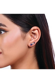 Silver Finish Diamond & Blue Stone Ear Cuffs In Sterling Silver