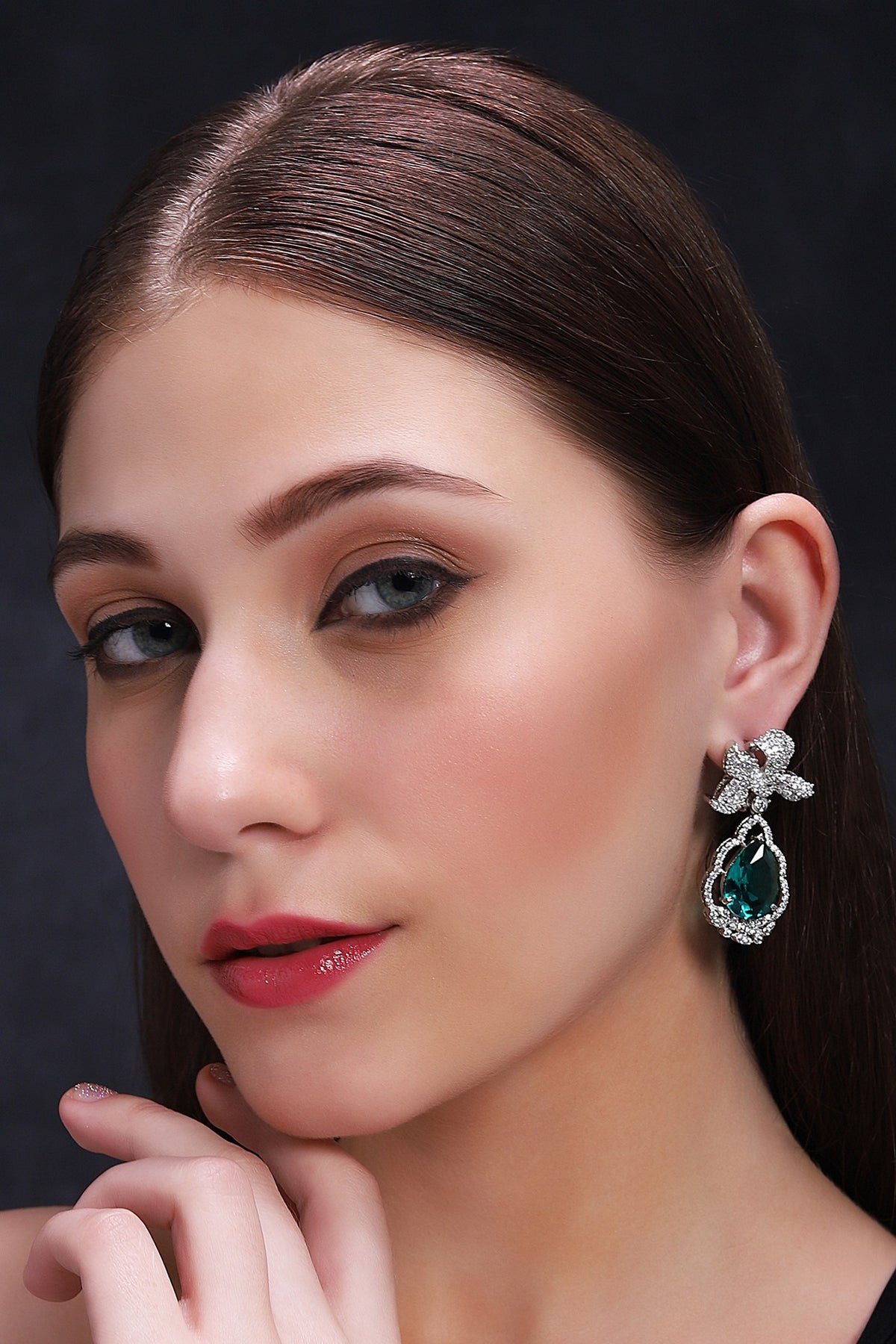White Finish Emerald & Zircon Stud Earrings