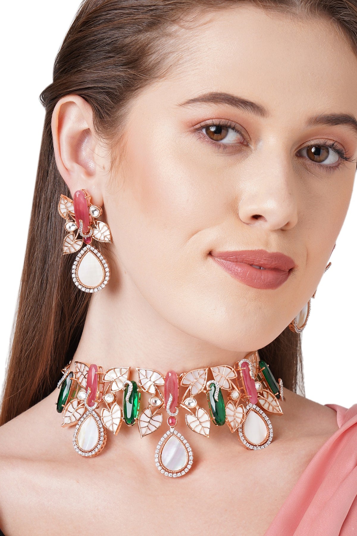 Rose Gold Finish Mother Of Pearl Choker Necklace Set